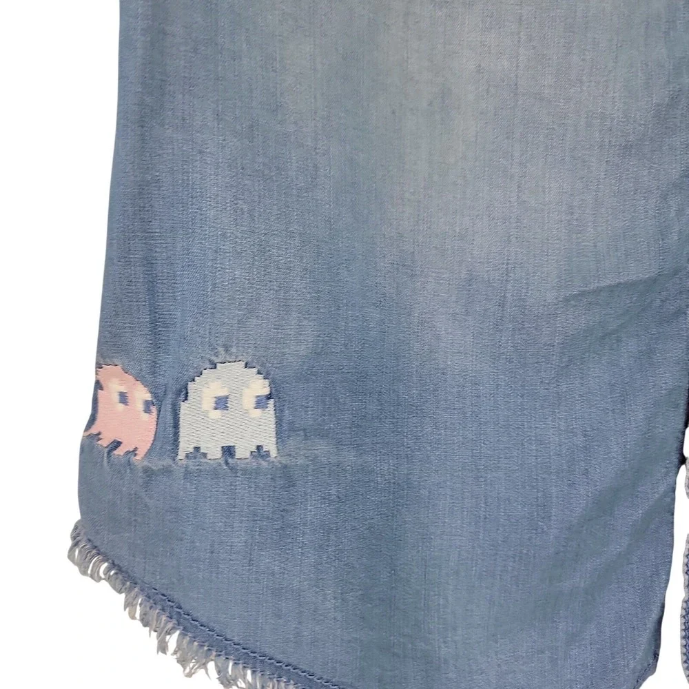 Justice Girls Pac-Man Ghost Gang Chambray Button Up Shirt Sx 12 14 L Embroidered